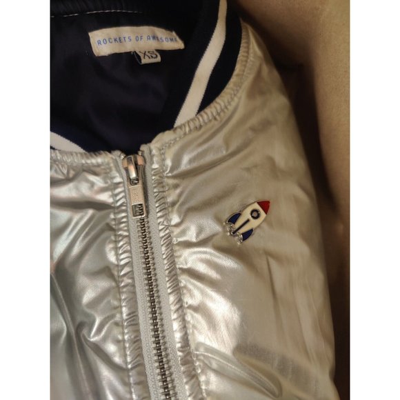 🚀 Rockets Of Awesome Metallic Silver Bomber Jacket Navy Blue White Stripes (XS) - Picture 5 of 7